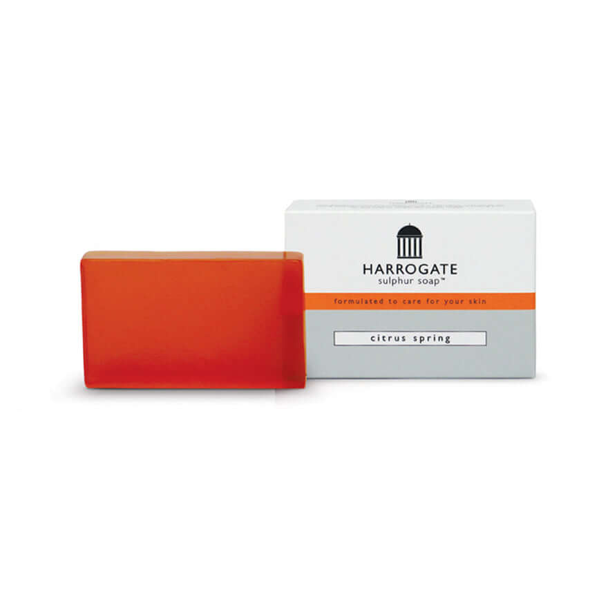 Citrus Spring sulphur soap bar by Harrogate, formulated for dryer skin, featuring a bright orange glycerine soap.