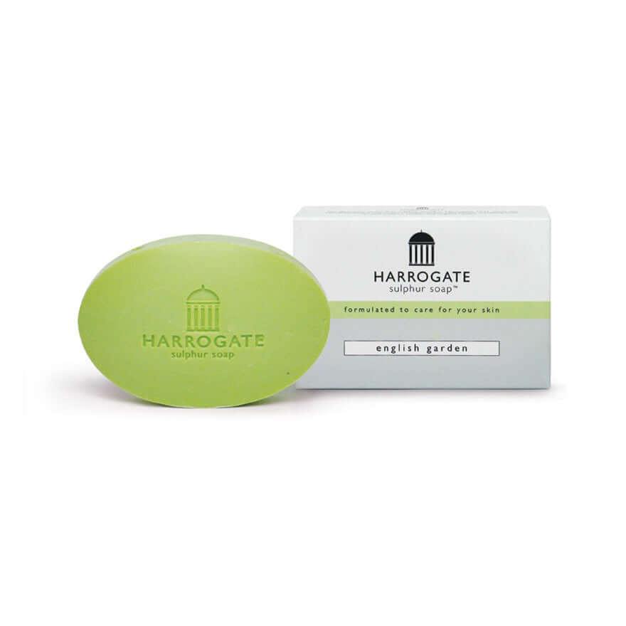 English Garden sulphur soap product packaging and bar, enriched with natural ingredients and spring water.