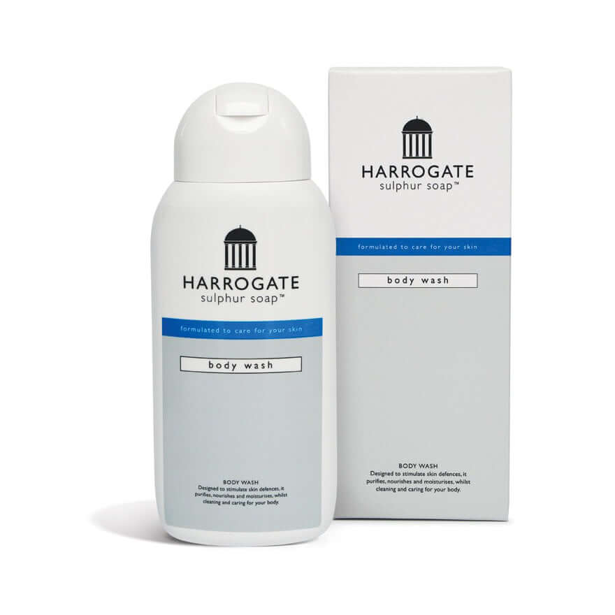 Harrogate sulphur body wash 250ml bottle and packaging designed for skin nourishment and cleansing.