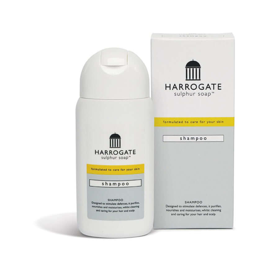 Harrogate sulphur soap shampoo 150ml bottle and box designed for cleansing and caring for hair and scalp.