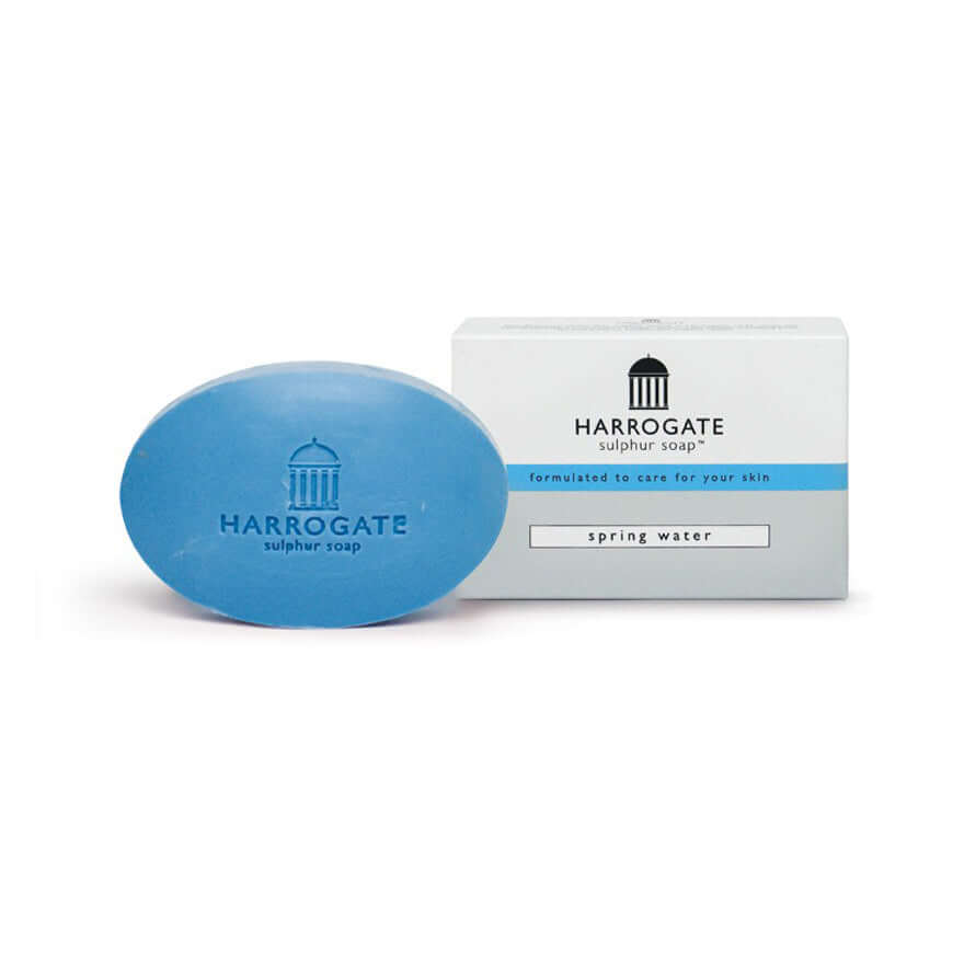 Harrogate sulphur soap for skin care, a blue oval soap bar with packaging, enriched with spring water.