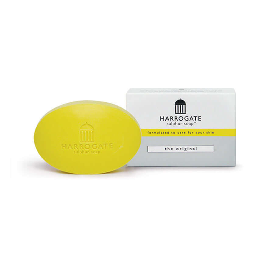 Original Harrogate sulphur soap 100g with yellow bar and packaging for skincare.
