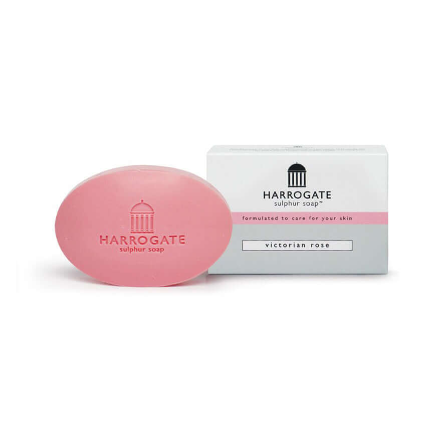 Victoria Rose Sulphur Soap 50g with pink soap bar and box, enriched with sulphur and Harrogate spa water.